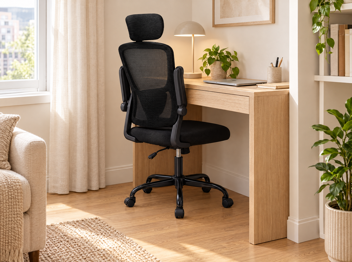 Chaise ergonomique noire dans un petit coin bureau