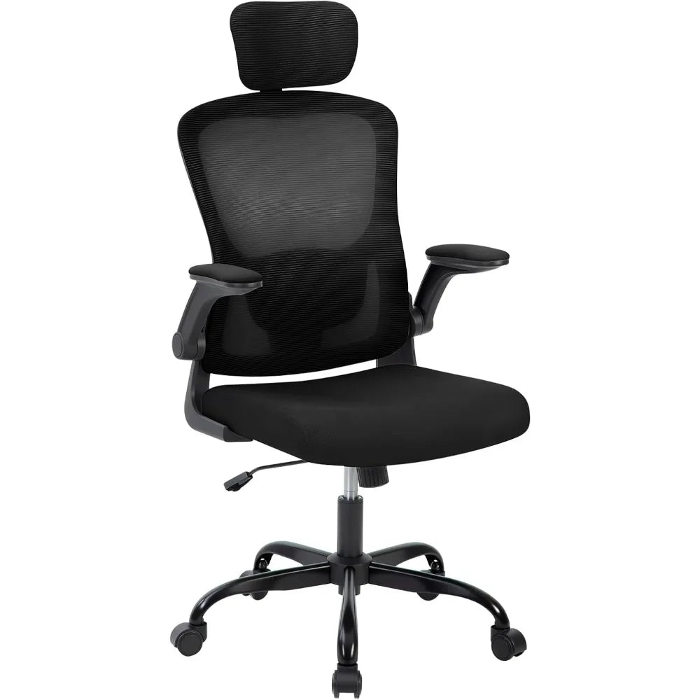 Chaise de bureau ergonomique noire, vue de face, dossier mesh et appui-tête