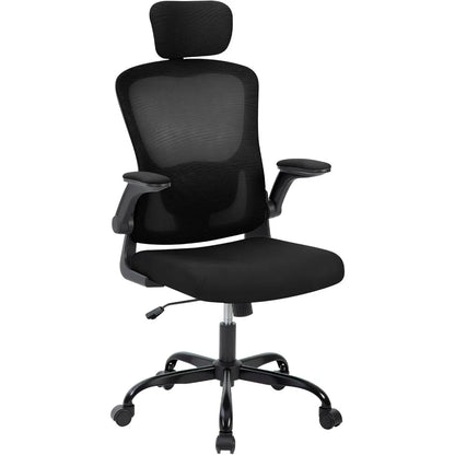 Chaise de bureau ergonomique noire, vue de face, dossier mesh et appui-tête
