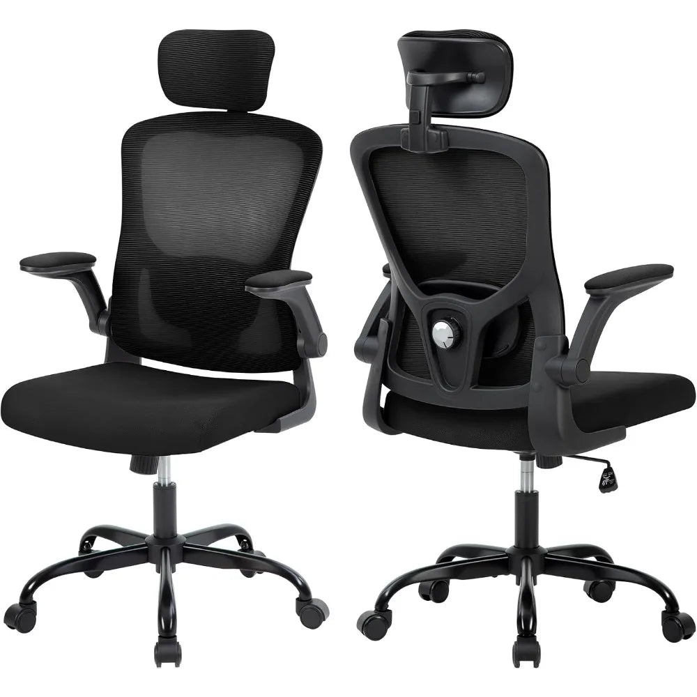 Chaise de bureau ergonomique noire, vue de face et de dos avec soutien lombaire réglable