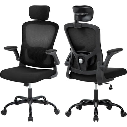 Chaise de bureau ergonomique noire, vue de face et de dos avec soutien lombaire réglable