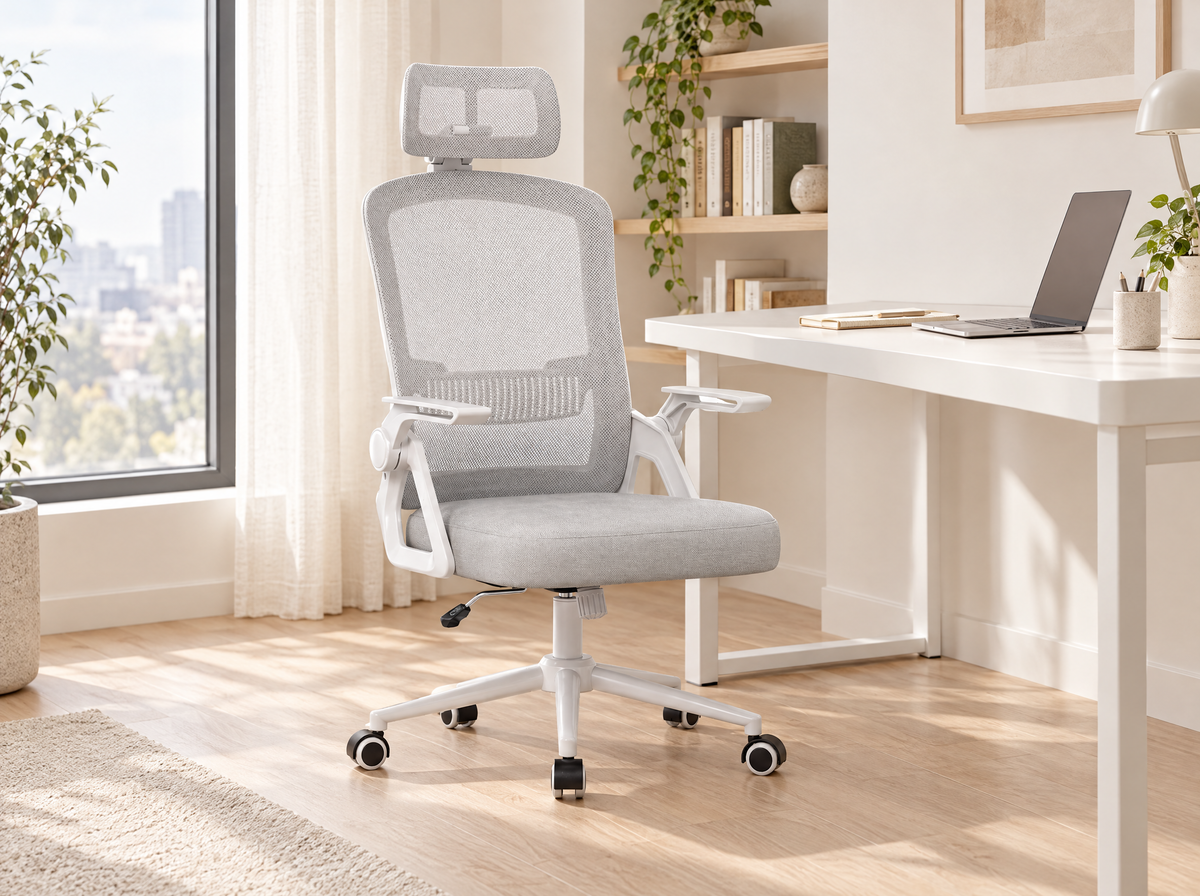 Chaise de bureau ergonomique gris clair devant un bureau blanc