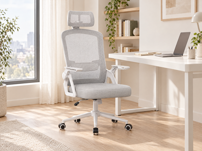 Chaise de bureau ergonomique gris clair devant un bureau blanc